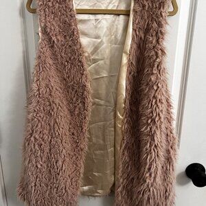 Pink Shaggy Faux Fur Vest | Pockets + Satin Lined
